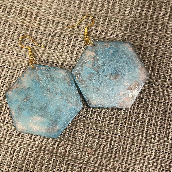 XMAS Handmade Festive Large Holiday Earrings Blue Hexagon - Picture 6 of 10